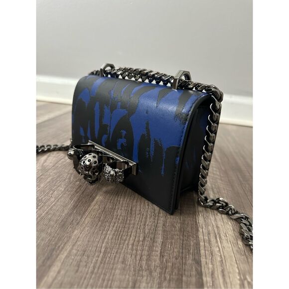 ALEXANDER MCQUEEN GRAFFITI FOUR-RING LEATHER SHOULDER BAG IN BLUE BLACK $2,500 - Picture 10 of 16